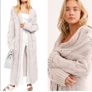 Free People Keep In Touch Cozy Cream Cable Knit Long Cardigan Sweater